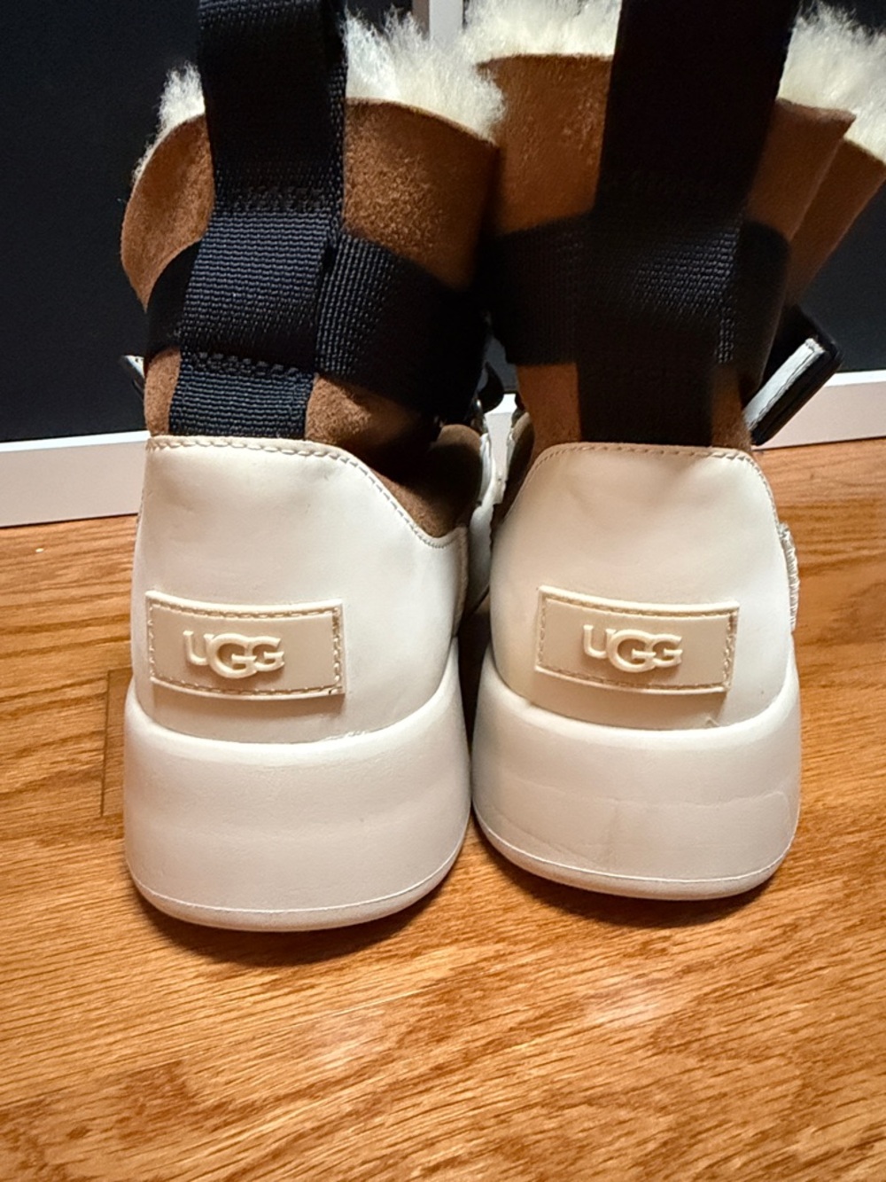 Ugg Women's Tan Suede Shearling High-Top Sneakers with Black Straps - Picture 3 of 4